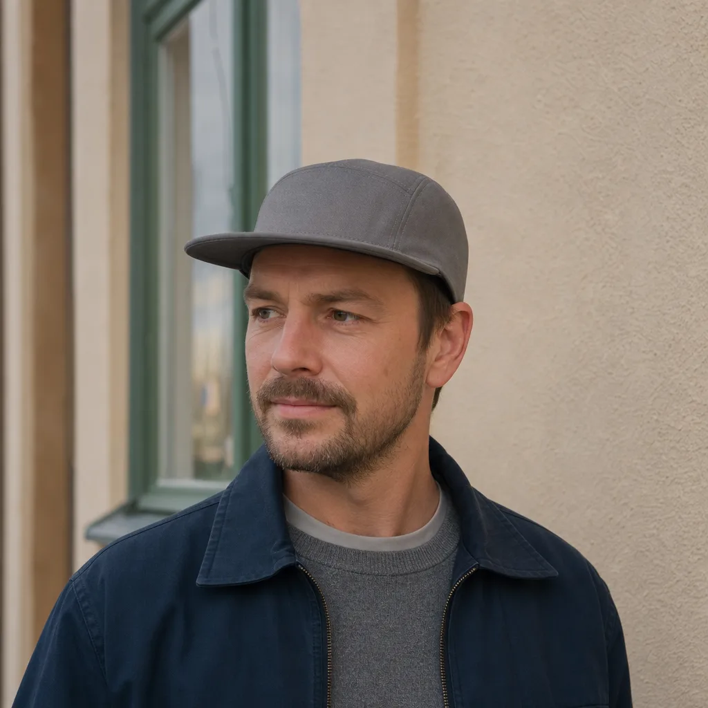 Person bär en grå 5-panel keps med låg, rak front utomhus