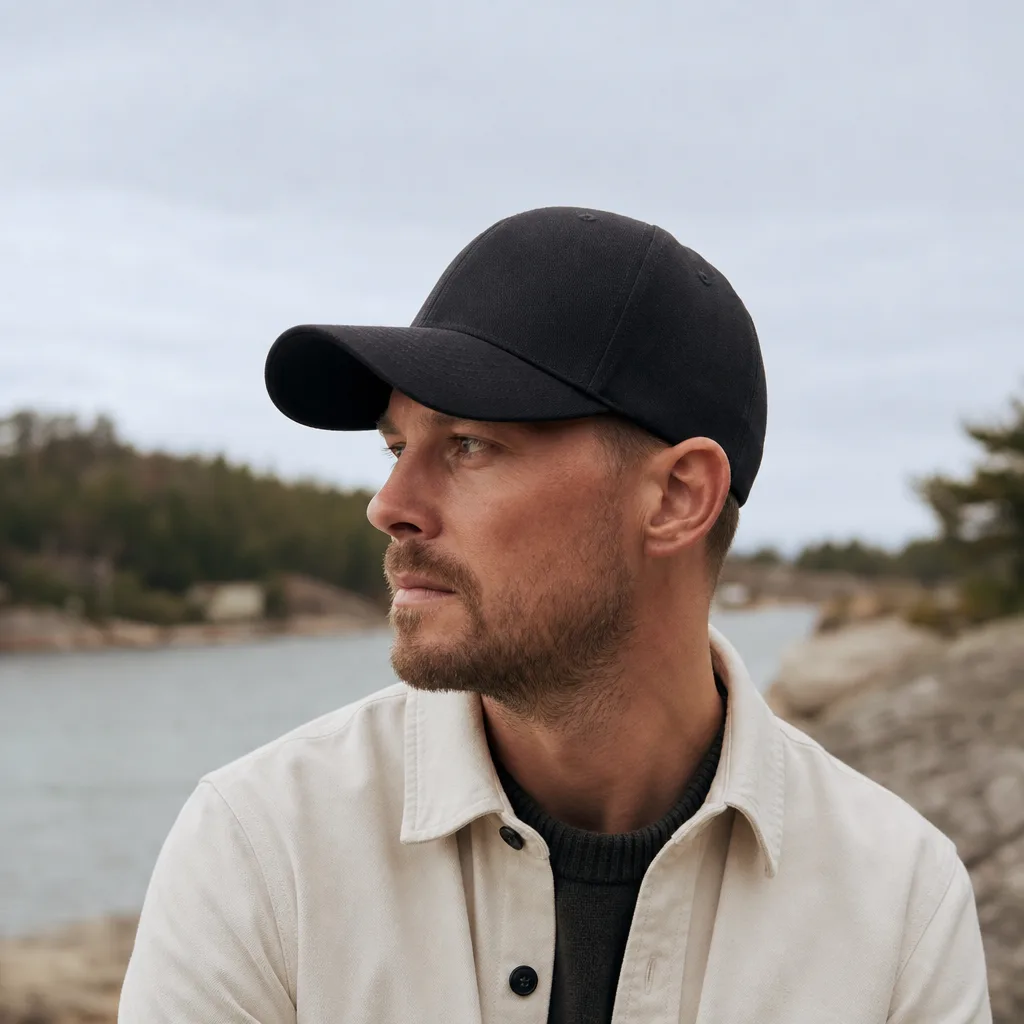 Person bär en klassisk sexpanelskeps med hög, rundad krona utomhus