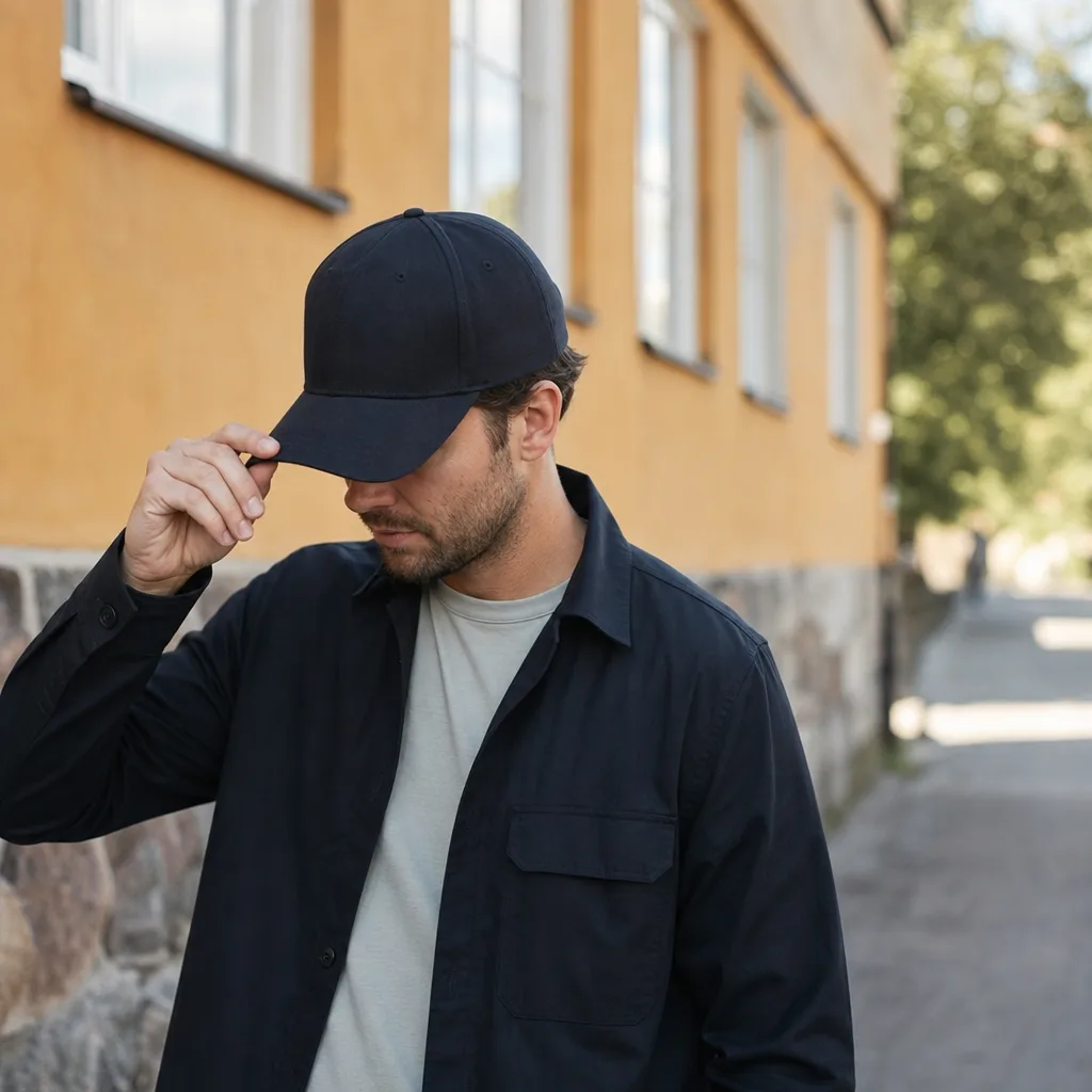 Person justerar en klassisk baseballkeps med böjd skärm utomhus