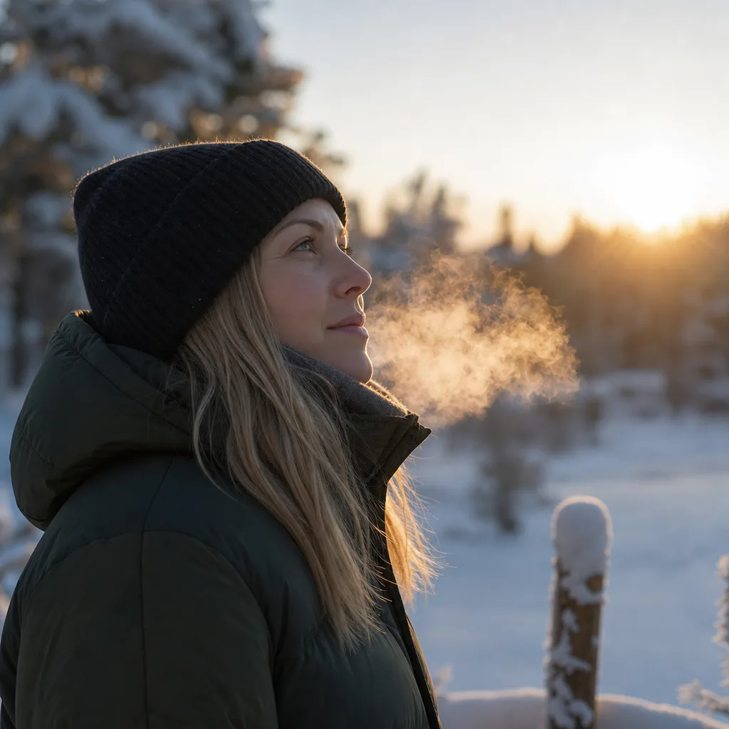 Person utomhus i en stickad beanie en kall dag