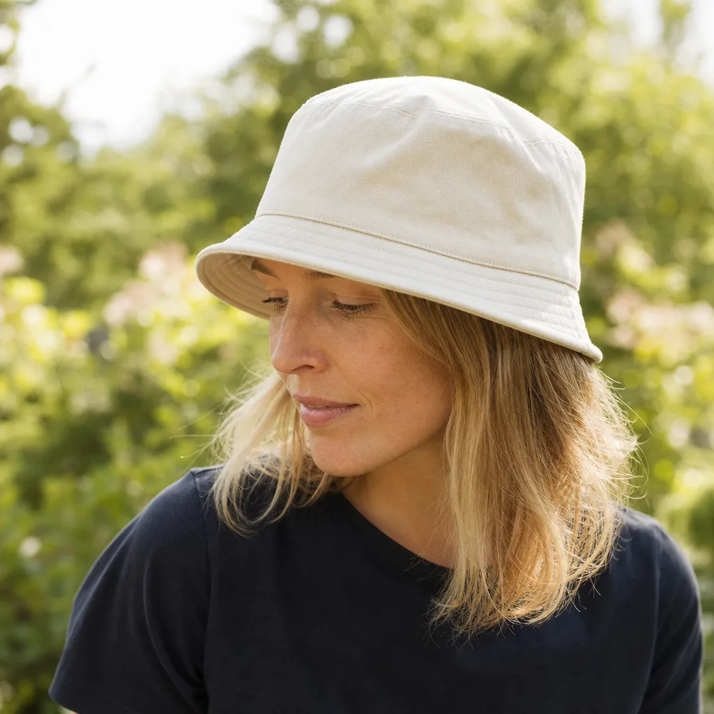 Bucket hat i bomull på en person utomhus en solig sommardag