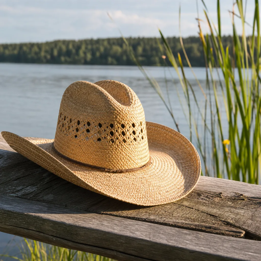 Cowboyhatt i halm med brett brätte utomhus