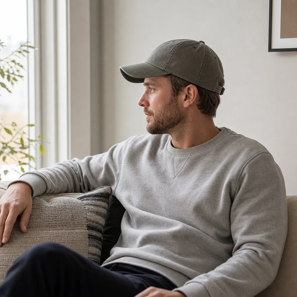 Person bär en mjuk dad cap med låg profil och böjd skärm