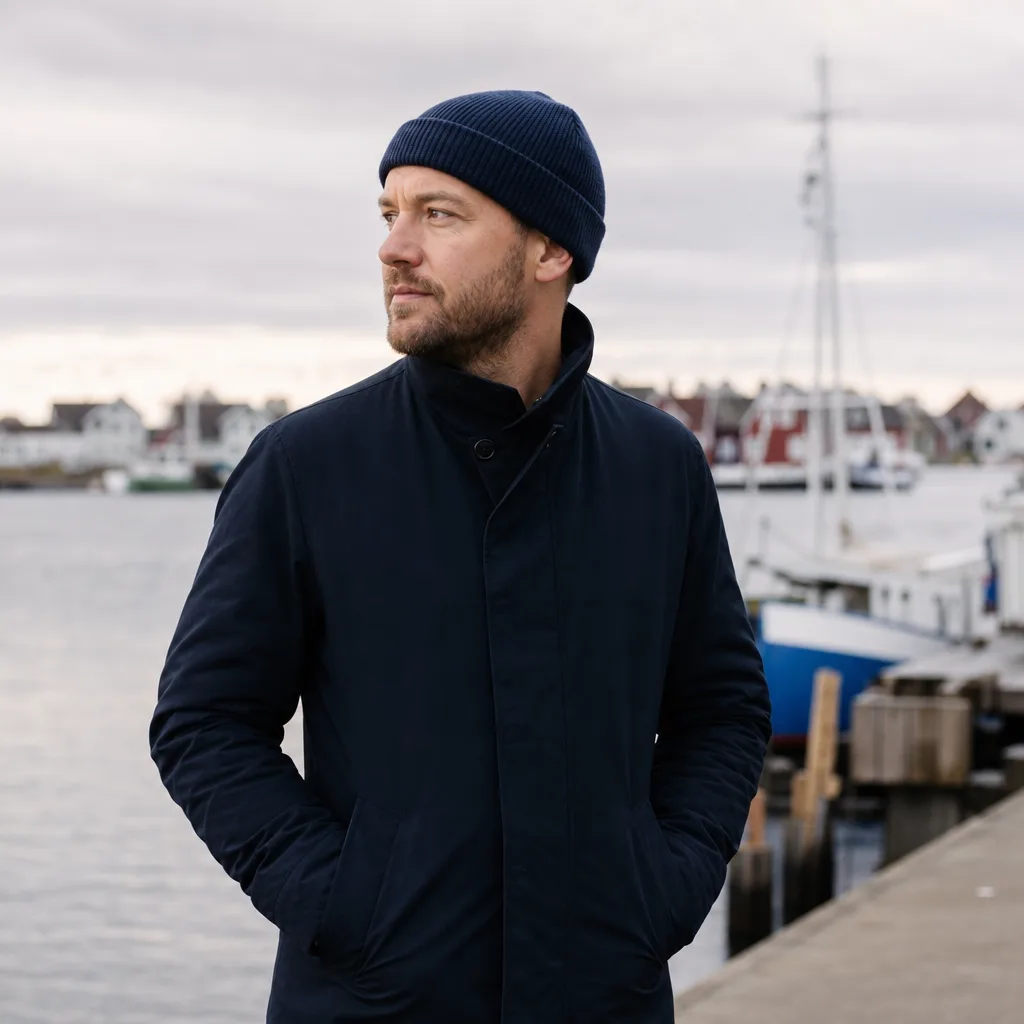 Person i kort, strukturerad fiskarmössa utomhus en bris dag