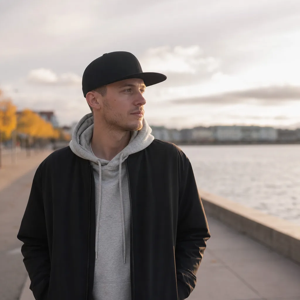 Person bär en svart keps med helt platt, oböjd skärm utomhus