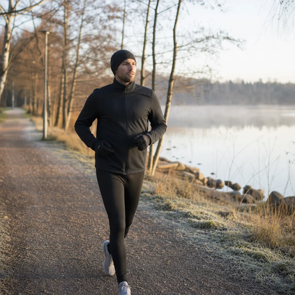 Person i lätt stickad mössa som joggar utomhus en kylig morgon