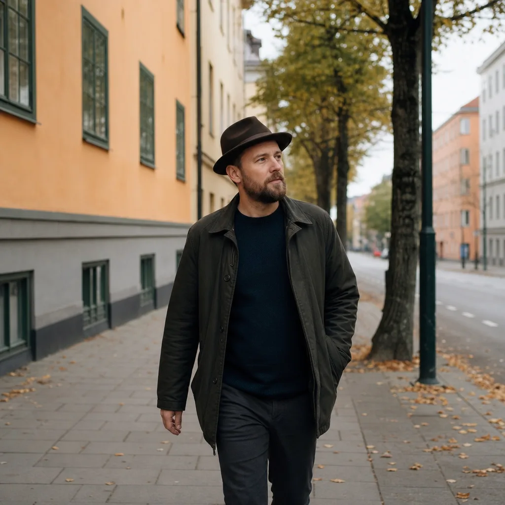 Man i fedorahatt utomhus i stadsmiljö