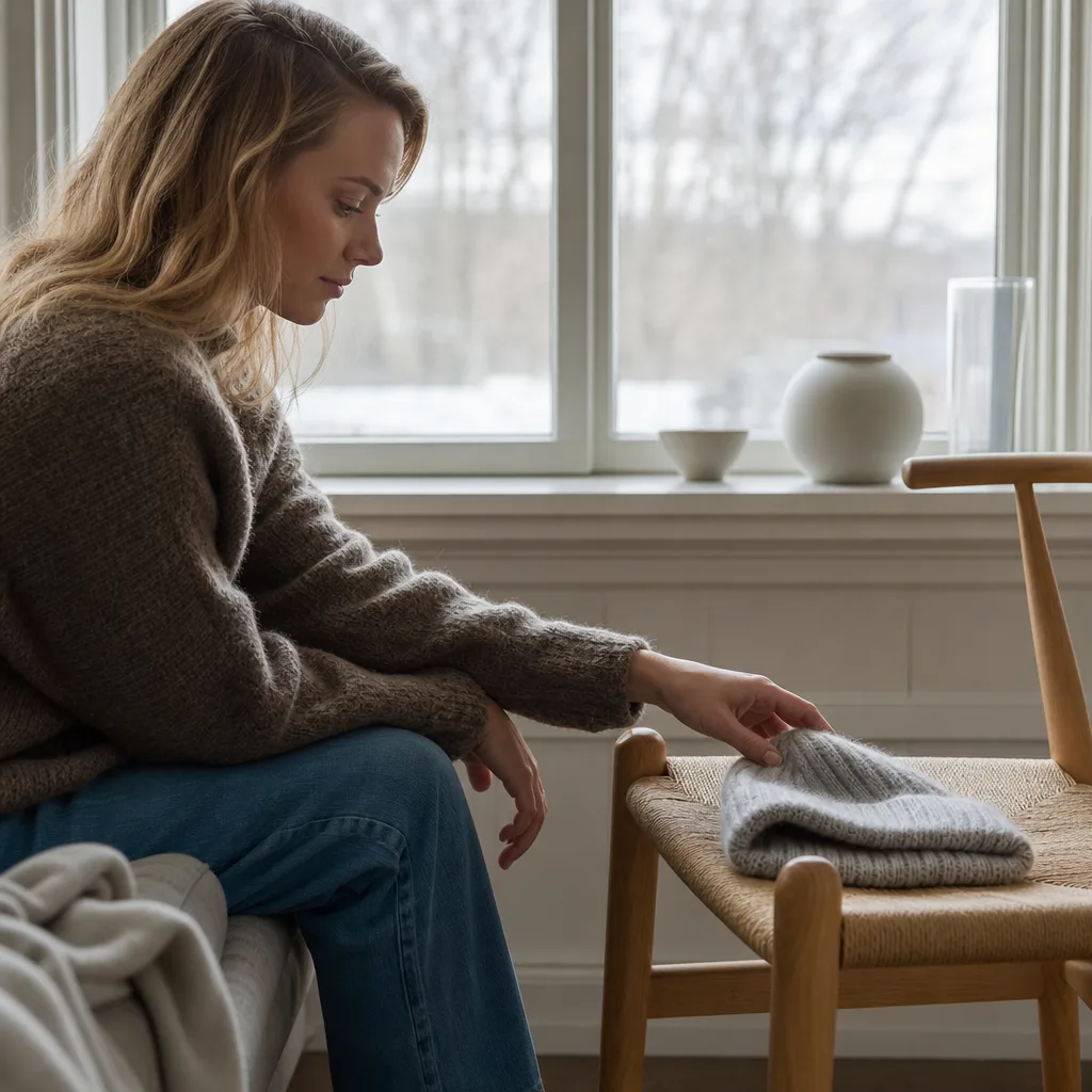 Person i len stickad mössa inomhus vid ett fönster en vinterdag