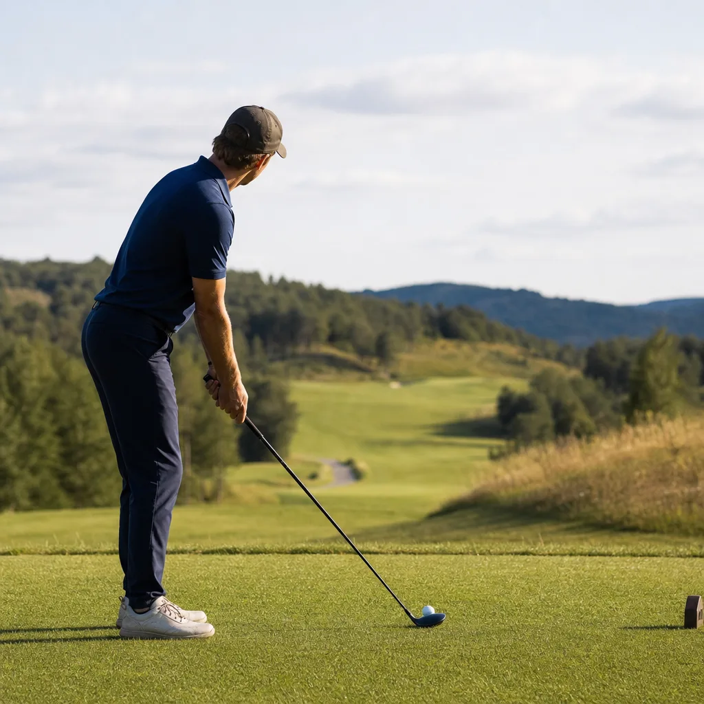 Person i golfkeps på en solig golfbana förbereder en sving
