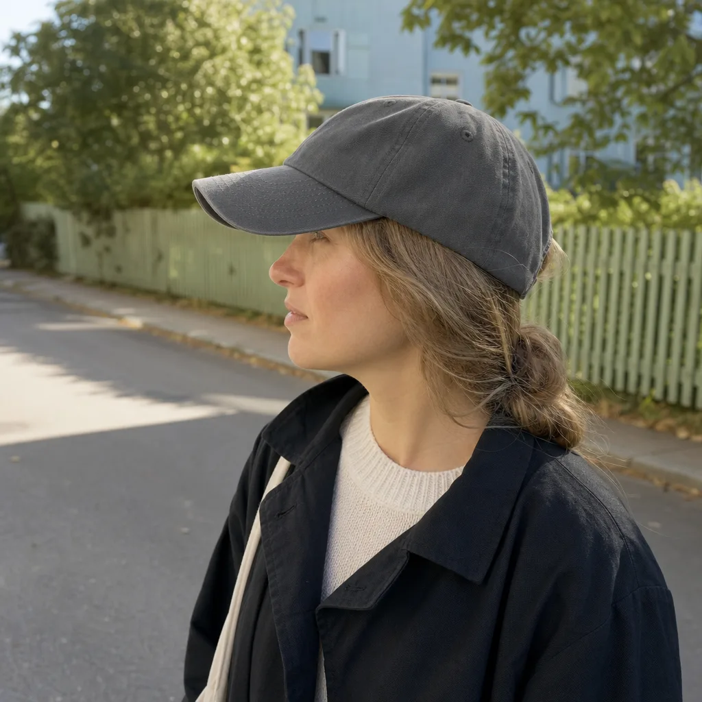 Person bär en mjuk, oskodd keps med låg profil utomhus