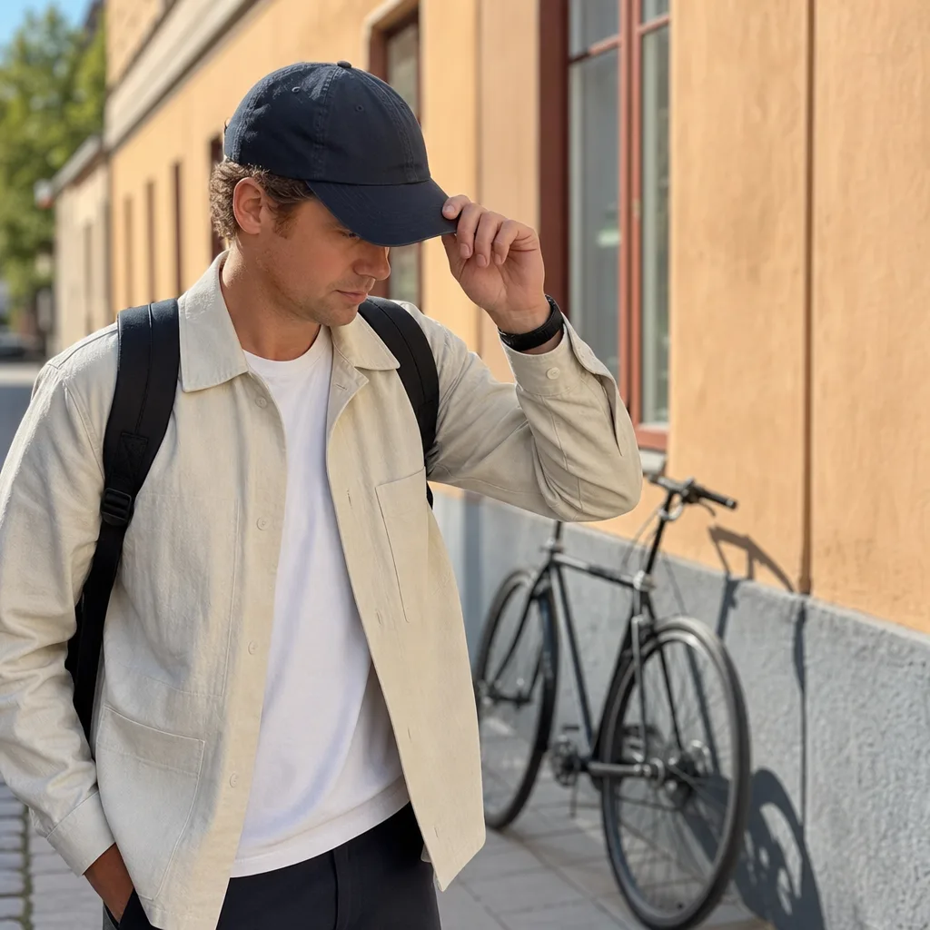 Man justerar en mörk keps på huvudet utomhus en sommardag