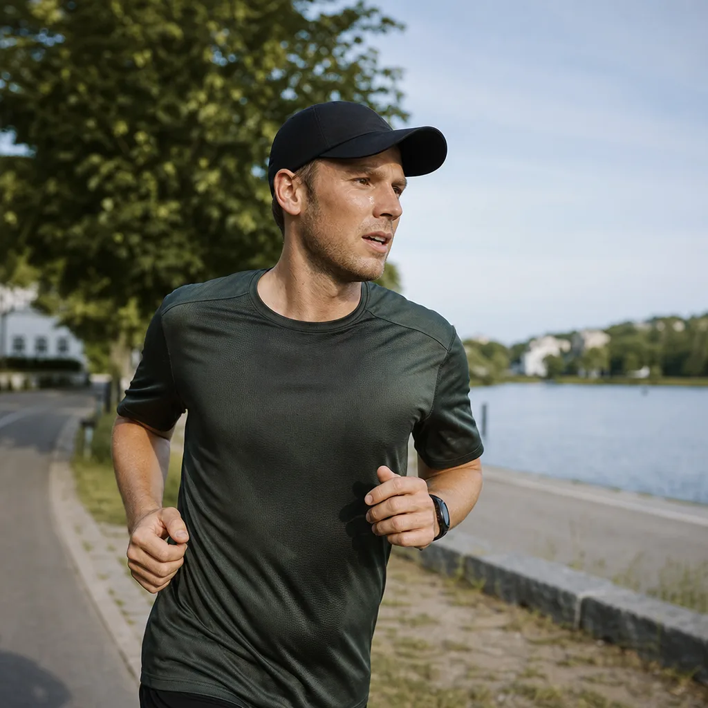 Löpare i lätt keps ute på en löprunda