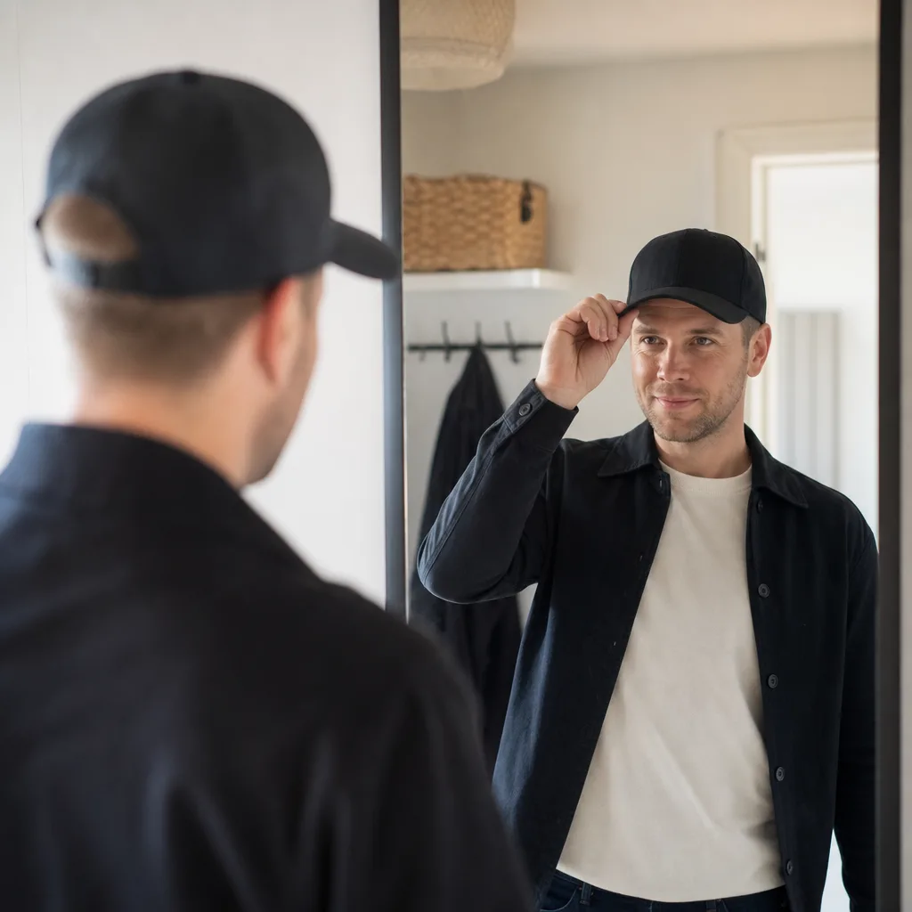 Person provar keps framför spegeln och justerar vinkeln