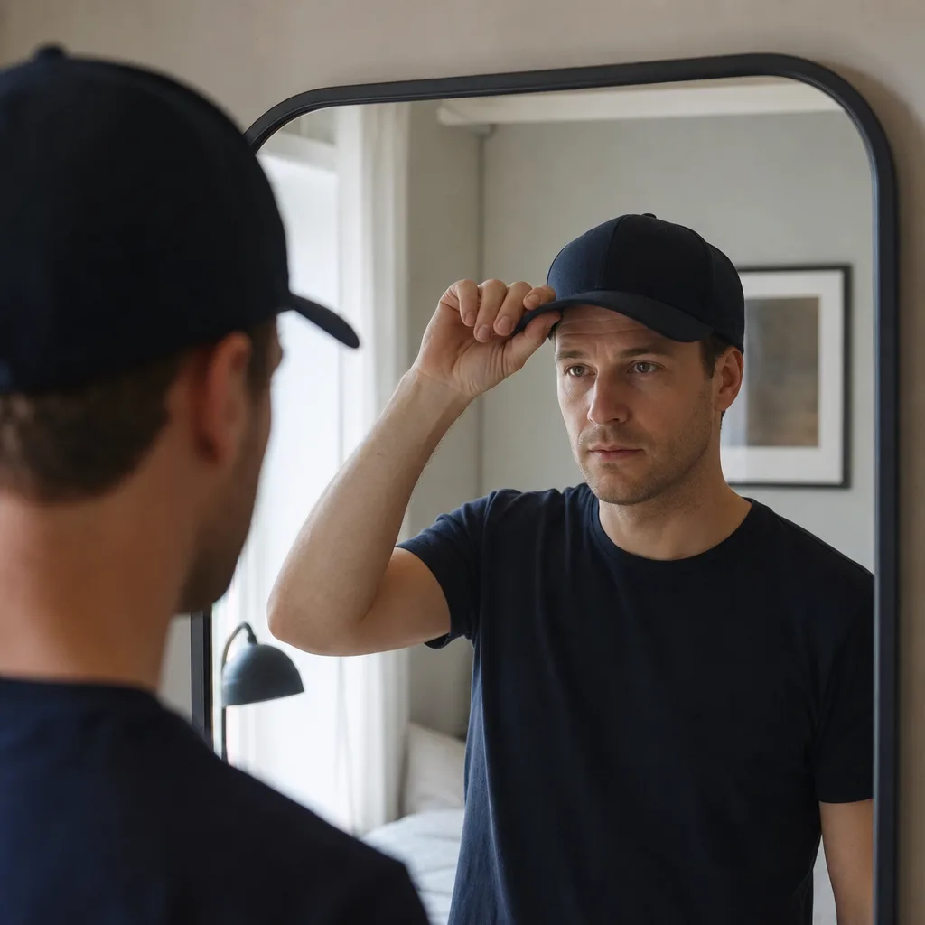 Person provar en fitted keps framför spegeln för att kontrollera passformen