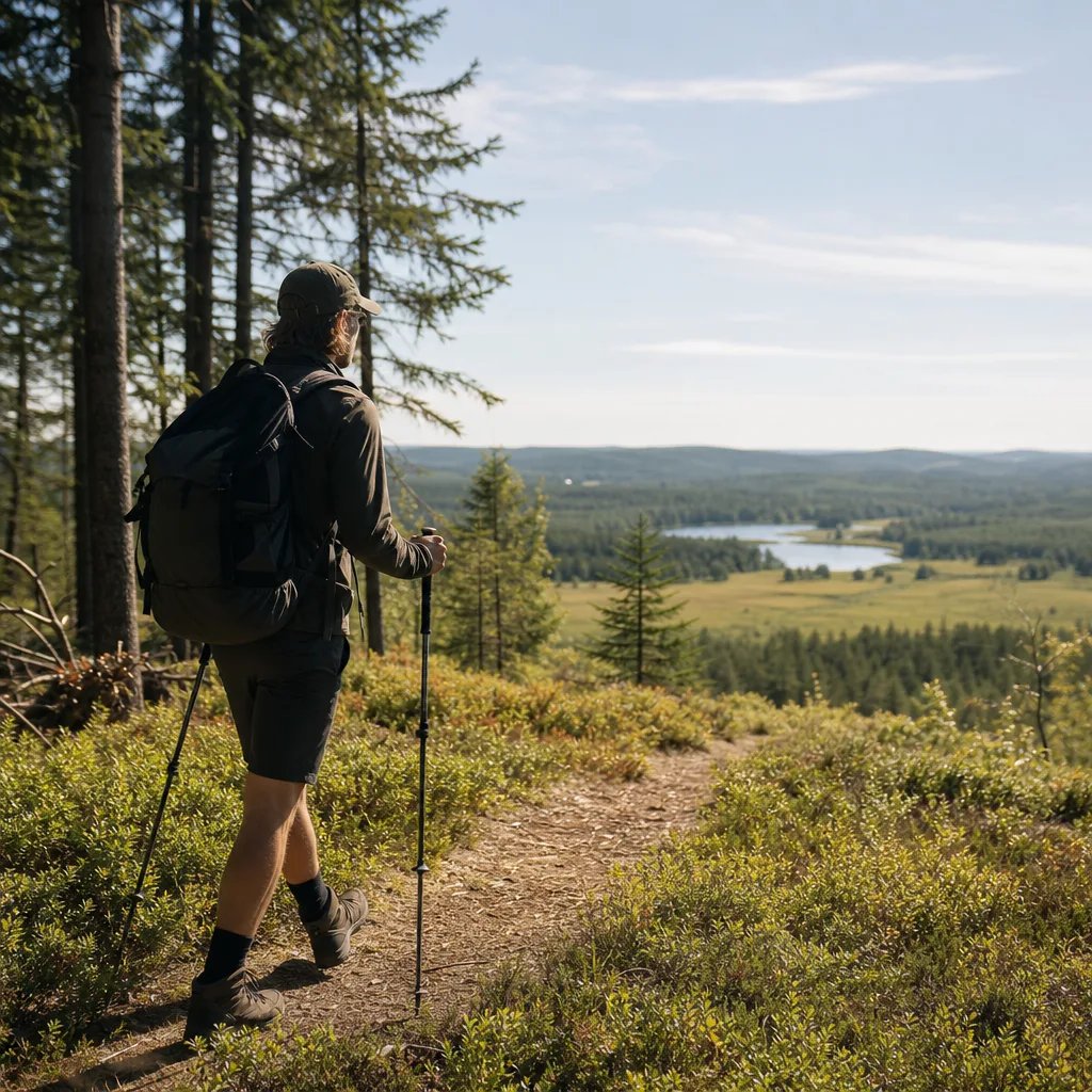 Person i keps vandrar på en stig genom skog och öppen terräng