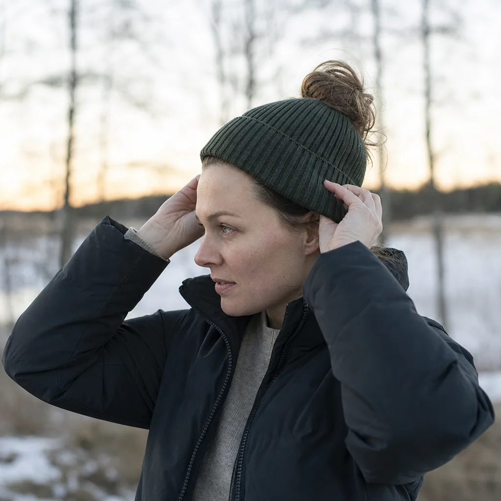 Kvinna drar på sig en kort stickad mössa utomhus en kall dag