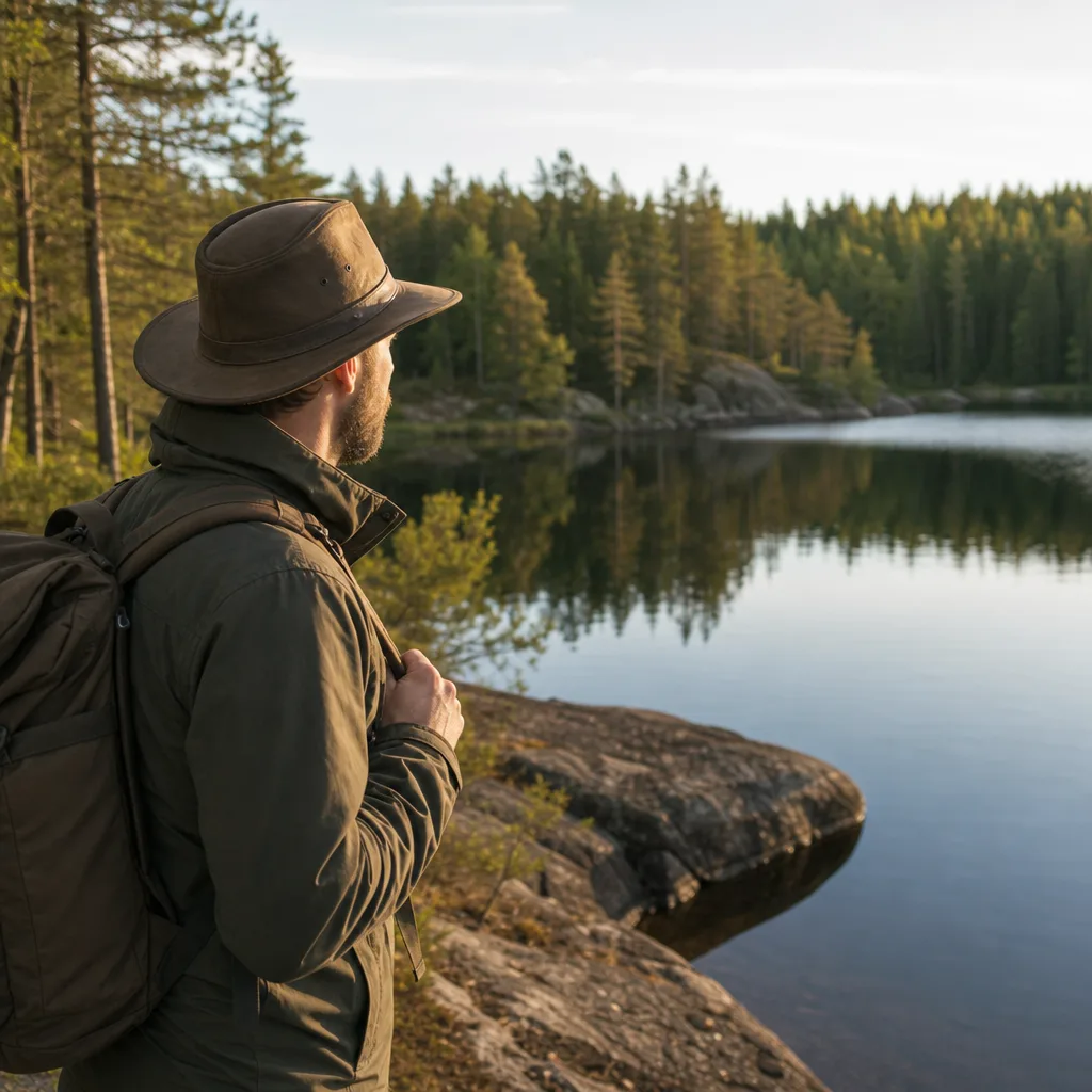 Bredbrättad friluftshatt i läder vid en sjö under en vandring