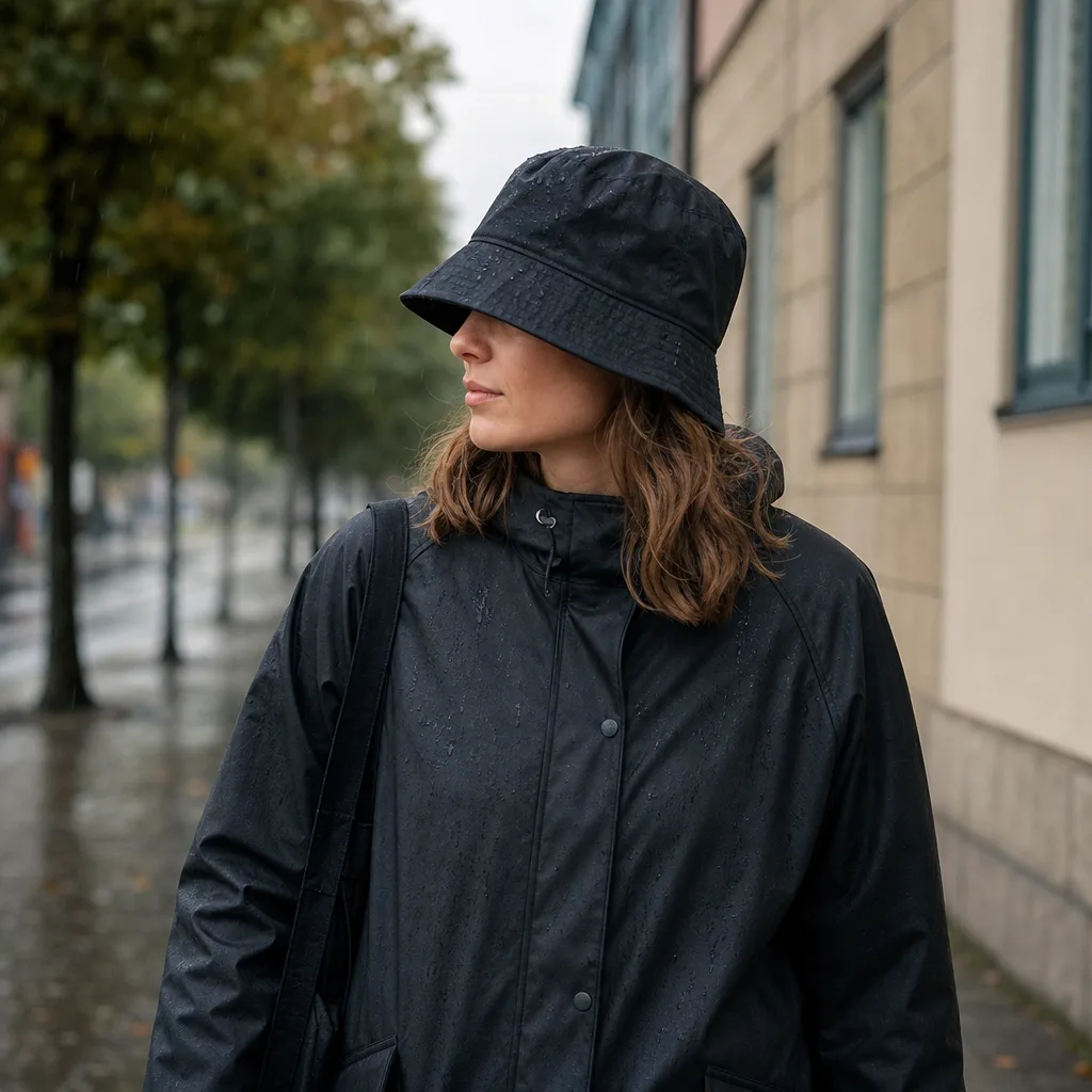 Person i vattenavvisande bucket hat på en regnig gata