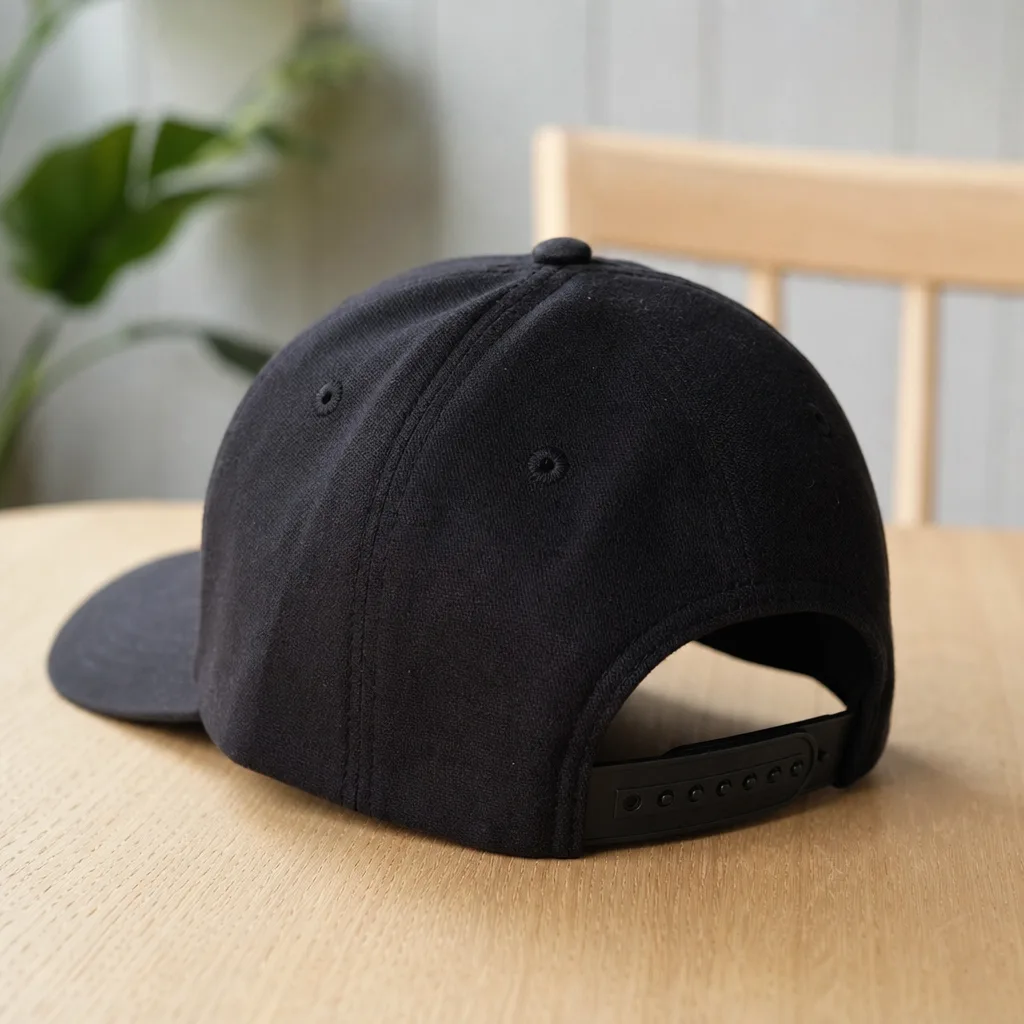 Justerbar snapbackkeps med platt skärm sedd bakifrån med öppen snap-stängning