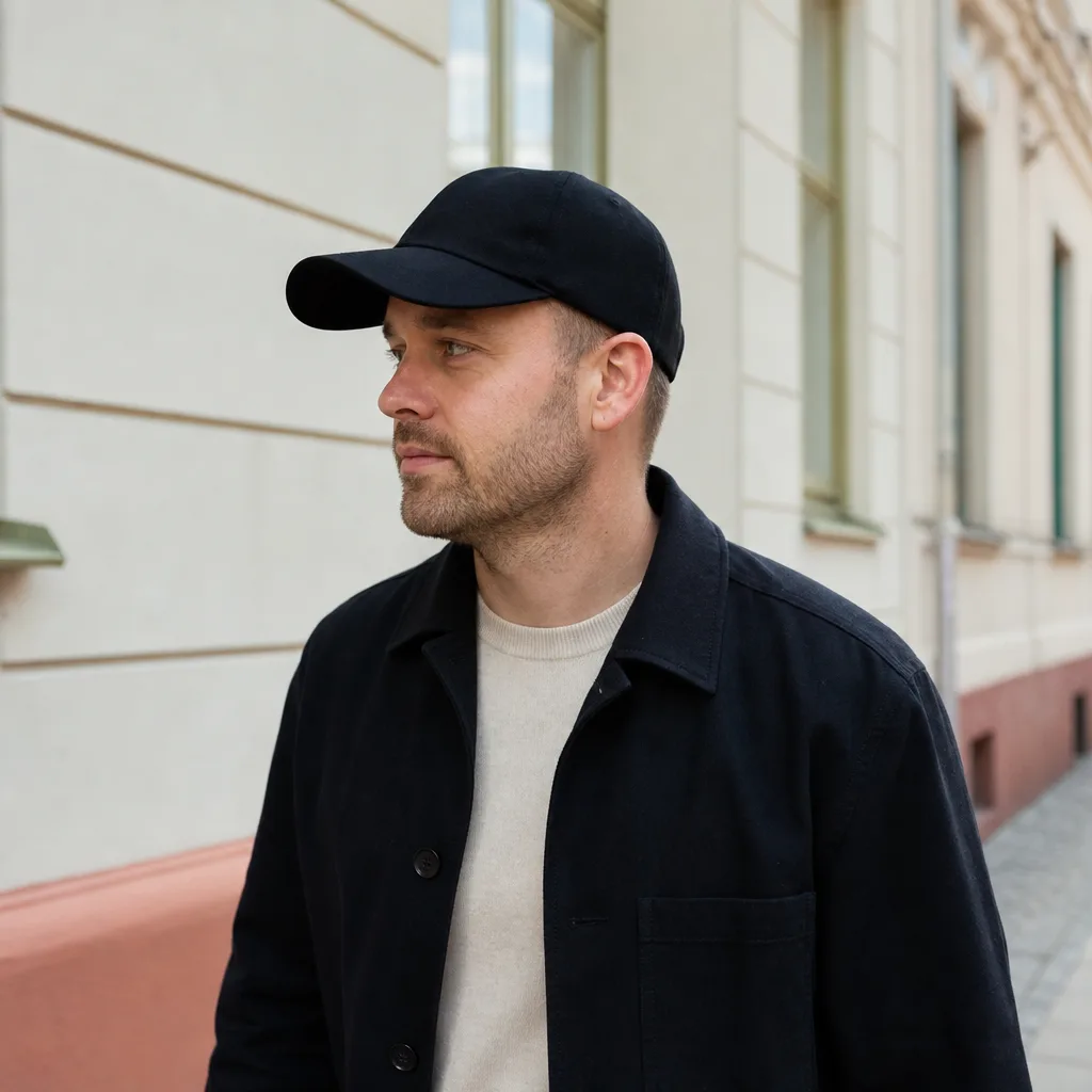 Person bär en enfärgad svart keps utomhus