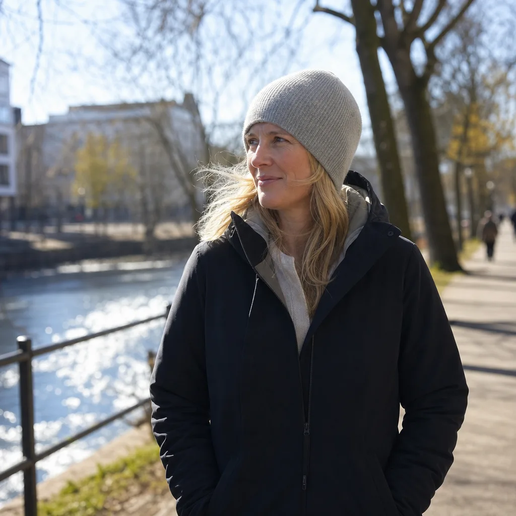 Person i tunn mössa utomhus en sval vårdag