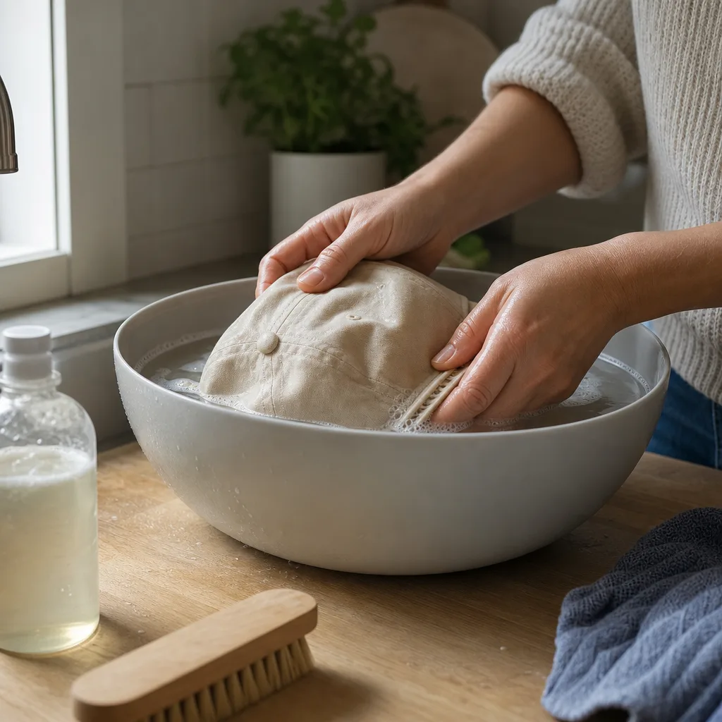 Keps som handtvättas skonsamt i en balja med ljummet vatten