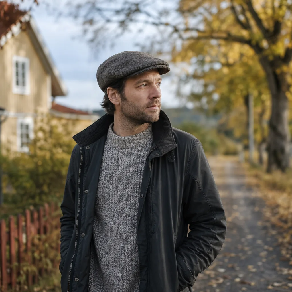 Person i flatcap utomhus en kylig höstdag