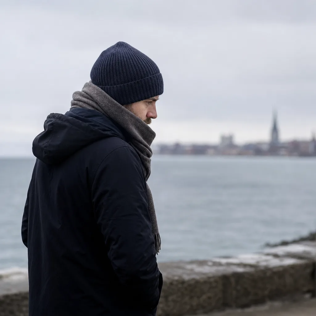 Person i stickad mössa utomhus en kall vinterdag