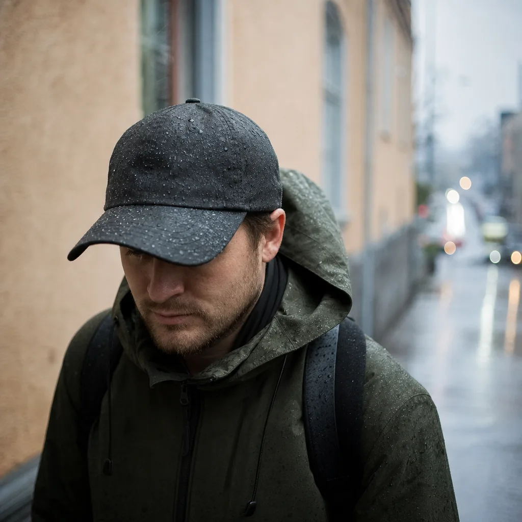 Person i keps som går ute i ett lätt regn
