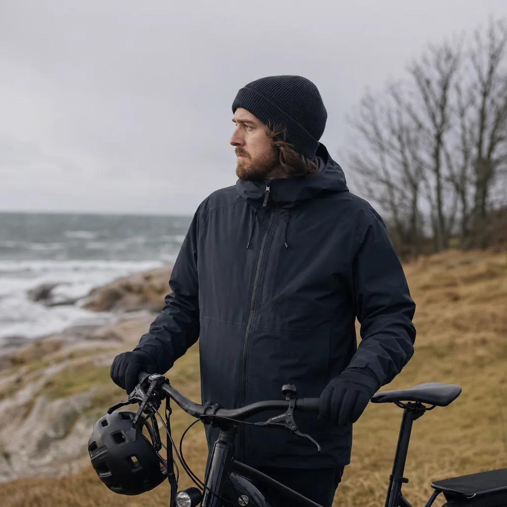 Cyklist i tätt stickad mössa utomhus en blåsig dag